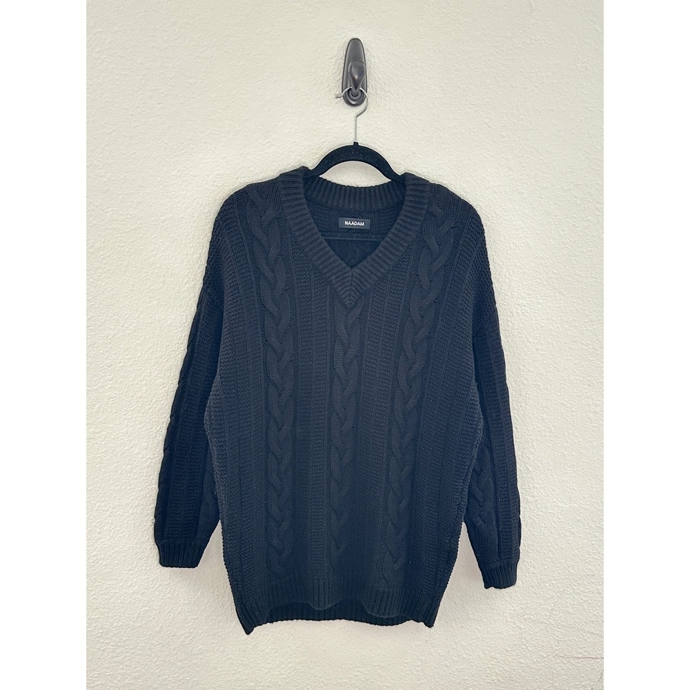 NAADAM Cable Knit Sweater Black Wool Cashmere V-Neck Pullover Cozy Fisherman S